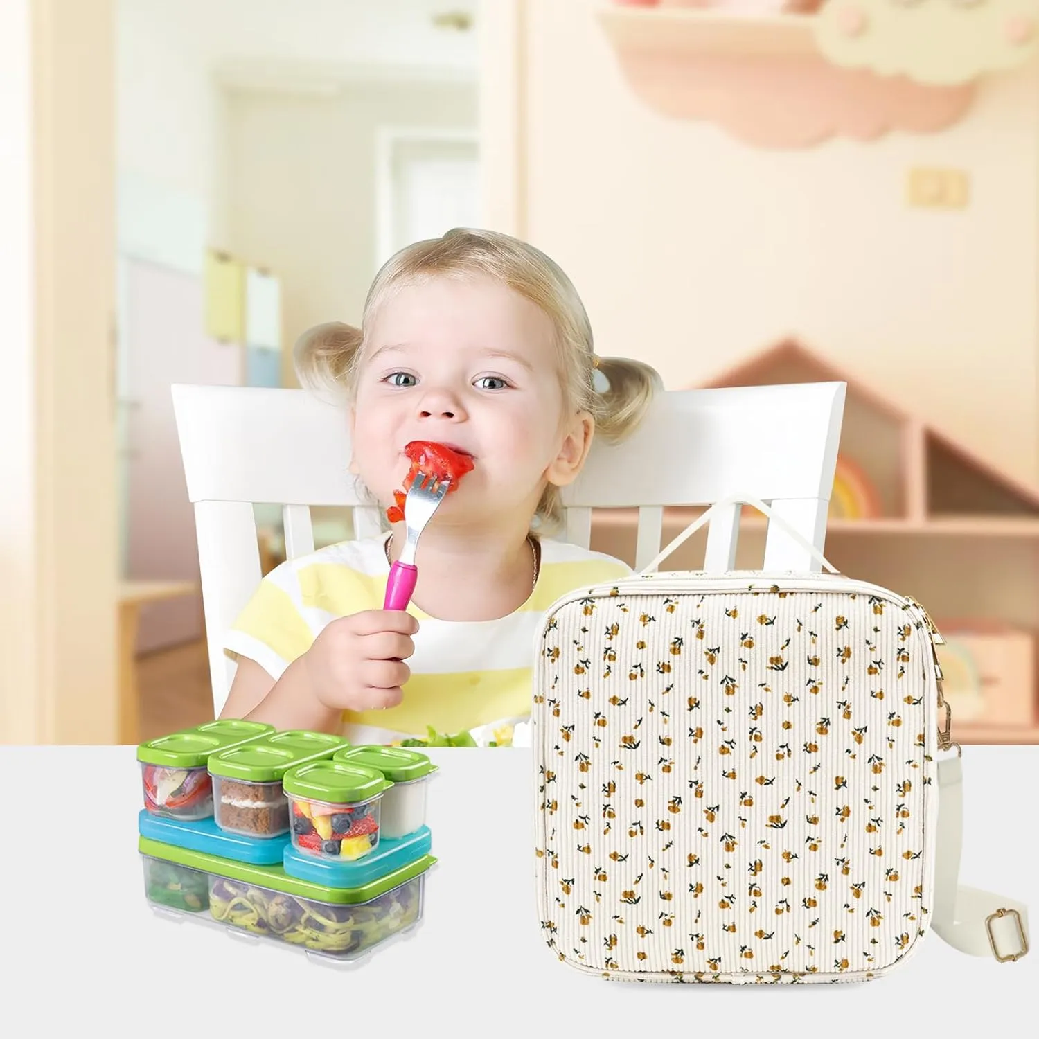 Lunch Bag for Women Cute Corduroy Lunch Tote Bags Reusable Lunch Tote Handbags Leakproof Thermal Cooler Lunch Case Large Capacity Lunch Box for Girls School Travel Picnic (Small Flower)