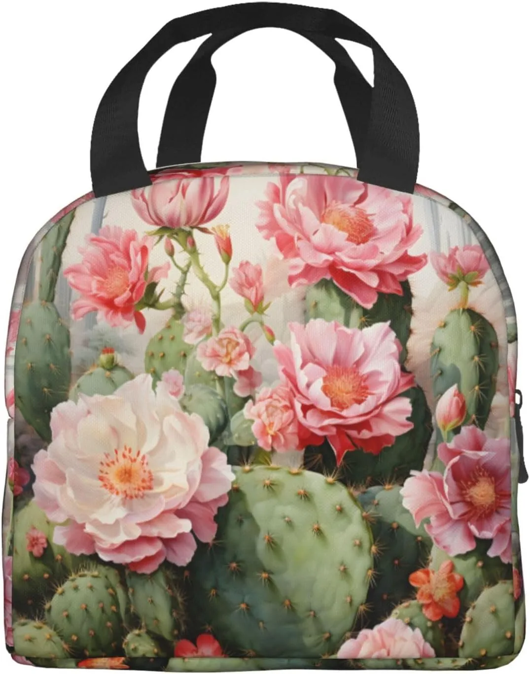 Lunch Bag for Women Men Reusable Insulated Lunch Box, Pink Cactus Flower Tropical Succulent Handbags Case High Capacity for Work, Travel, Outdoor