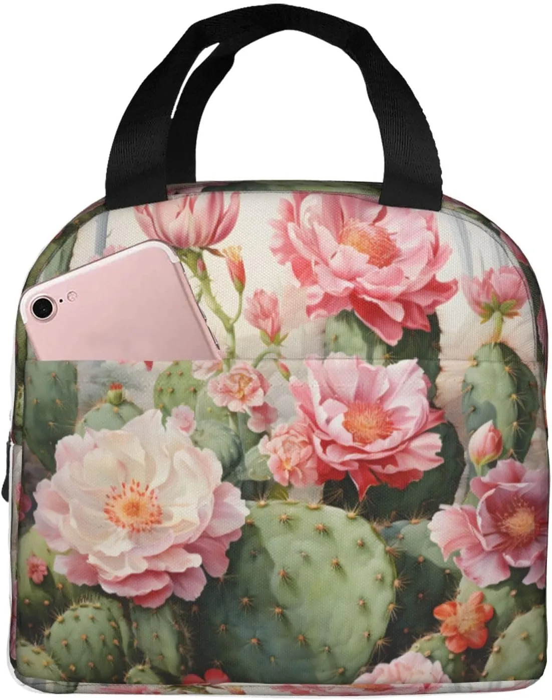 Lunch Bag for Women Men Reusable Insulated Lunch Box, Pink Cactus Flower Tropical Succulent Handbags Case High Capacity for Work, Travel, Outdoor