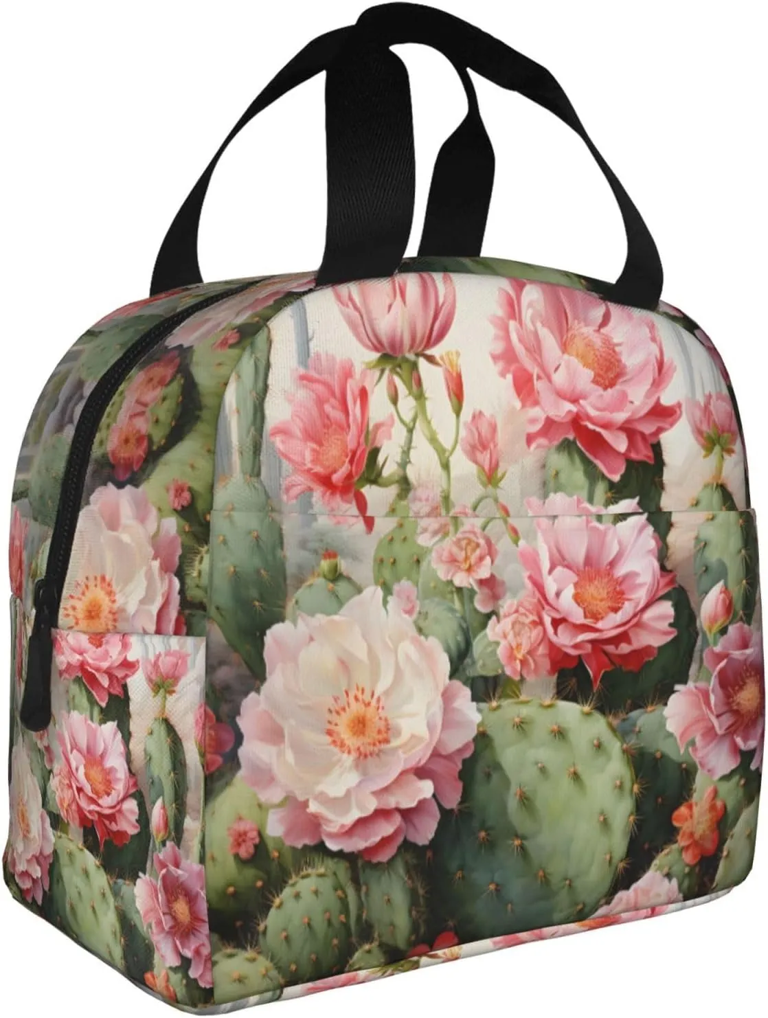 Lunch Bag for Women Men Reusable Insulated Lunch Box, Pink Cactus Flower Tropical Succulent Handbags Case High Capacity for Work, Travel, Outdoor