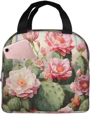 Lunch Bag for Women Men Reusable Insulated Lunch Box, Pink Cactus Flower Tropical Succulent Handbags Case High Capacity for Work, Travel, Outdoor