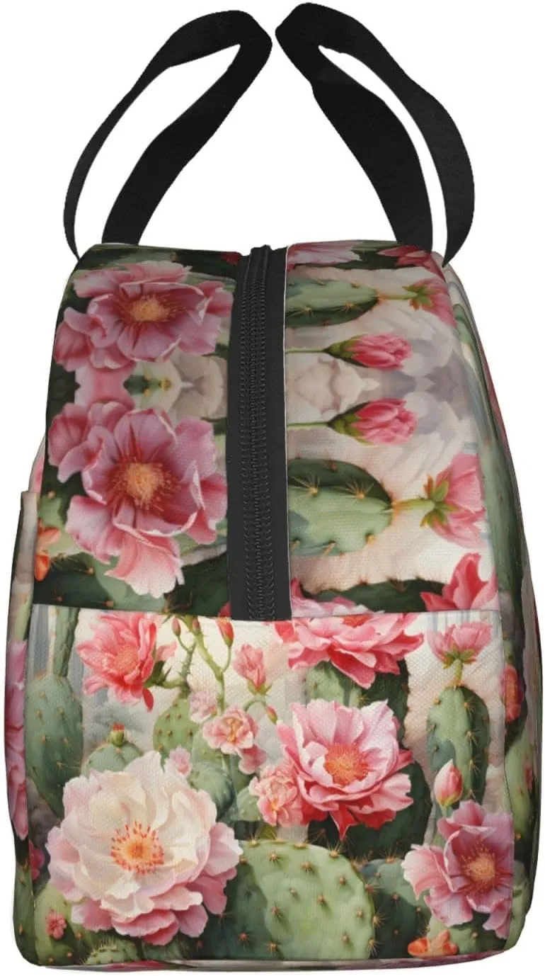 Lunch Bag for Women Men Reusable Insulated Lunch Box, Pink Cactus Flower Tropical Succulent Handbags Case High Capacity for Work, Travel, Outdoor