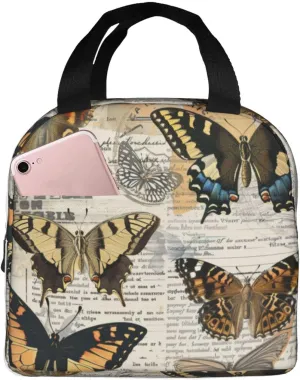 Lunch Bag for Women Men Reusable Insulated Lunch Box, Vintage Retro Flower Butterfly Newspaper Handbags Case High Capacity for Work, Travel, Outdoor