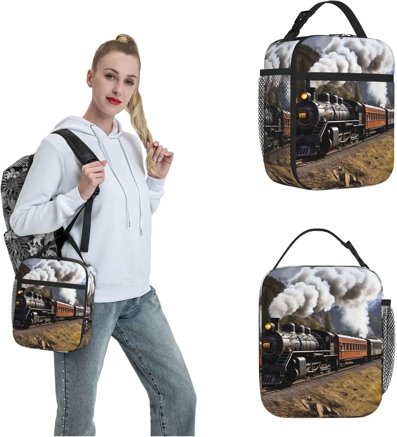 Lunch Bag For Women Men Steam Locomotive Train Insulated Lunch Box Large Capacity Lunchbox Reusable Lunch Tote Bag Leakproof Thermal Cooler Sack Food Handbags For Work Travel Picnic