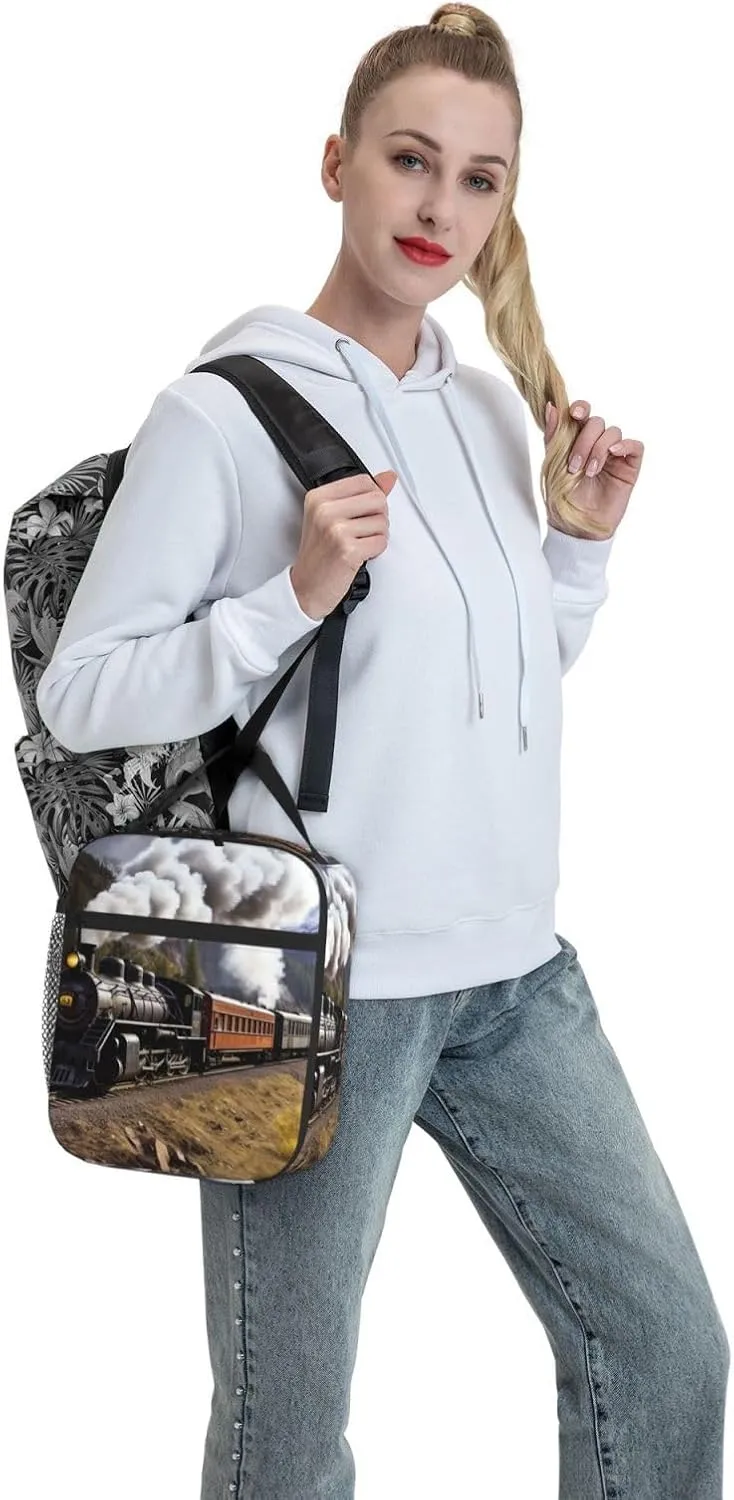 Lunch Bag For Women Men Steam Locomotive Train Insulated Lunch Box Large Capacity Lunchbox Reusable Lunch Tote Bag Leakproof Thermal Cooler Sack Food Handbags For Work Travel Picnic