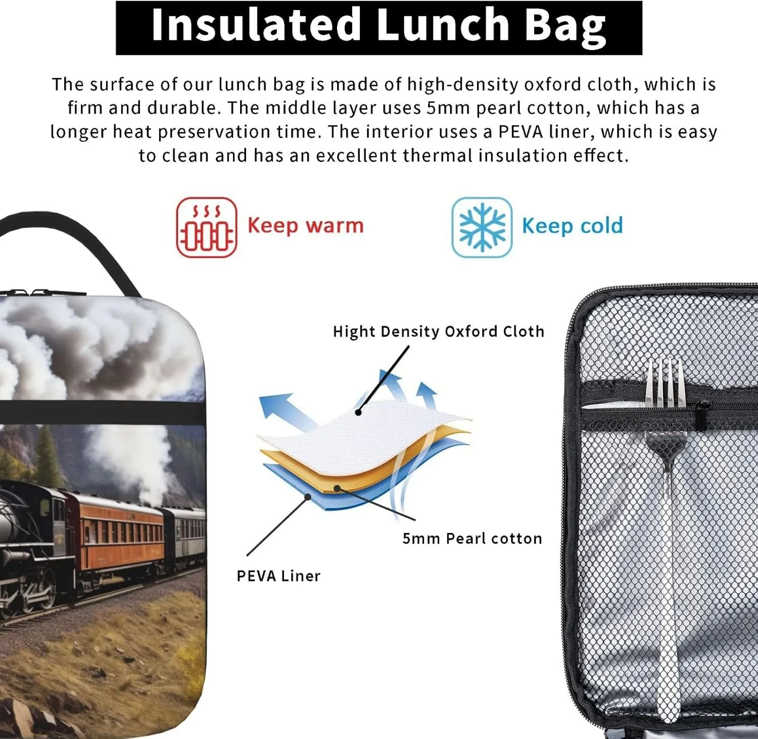 Lunch Bag For Women Men Steam Locomotive Train Insulated Lunch Box Large Capacity Lunchbox Reusable Lunch Tote Bag Leakproof Thermal Cooler Sack Food Handbags For Work Travel Picnic