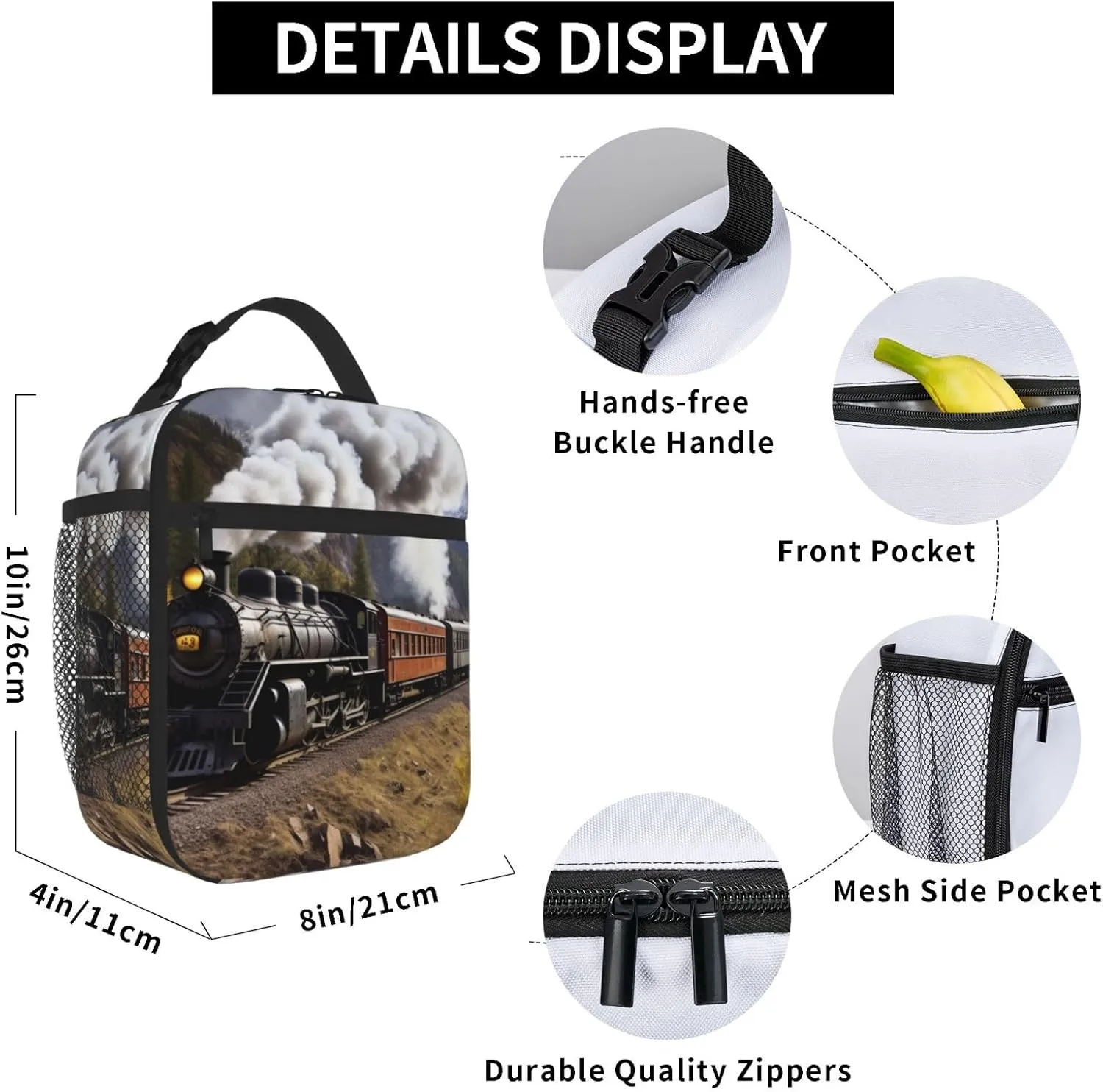 Lunch Bag For Women Men Steam Locomotive Train Insulated Lunch Box Large Capacity Lunchbox Reusable Lunch Tote Bag Leakproof Thermal Cooler Sack Food Handbags For Work Travel Picnic