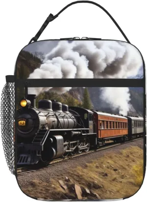 Lunch Bag For Women Men Steam Locomotive Train Insulated Lunch Box Large Capacity Lunchbox Reusable Lunch Tote Bag Leakproof Thermal Cooler Sack Food Handbags For Work Travel Picnic