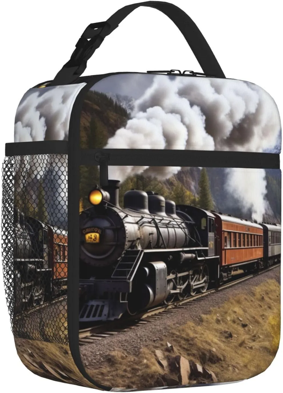 Lunch Bag For Women Men Steam Locomotive Train Insulated Lunch Box Large Capacity Lunchbox Reusable Lunch Tote Bag Leakproof Thermal Cooler Sack Food Handbags For Work Travel Picnic