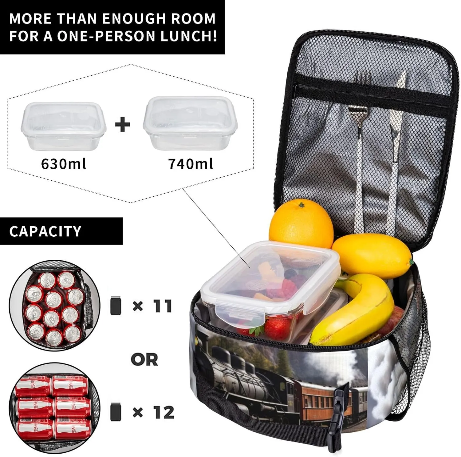 Lunch Bag For Women Men Steam Locomotive Train Insulated Lunch Box Large Capacity Lunchbox Reusable Lunch Tote Bag Leakproof Thermal Cooler Sack Food Handbags For Work Travel Picnic