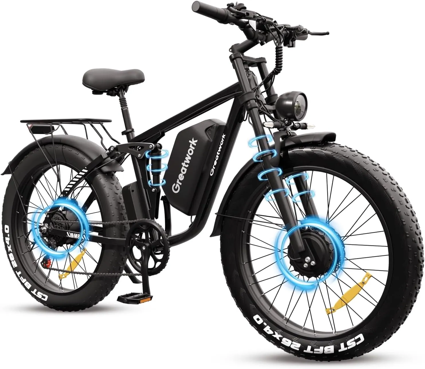 M8 PRO Electric Bike for Adults, 4000W Peak Dual Motor Ebike, 45MPH, 52V 25Ah Battery, Up to 100 Miles Range, 26" x 4.0 Fat Tires Mountain Bike with 7-Speed, Turn Signals, Full Suspension