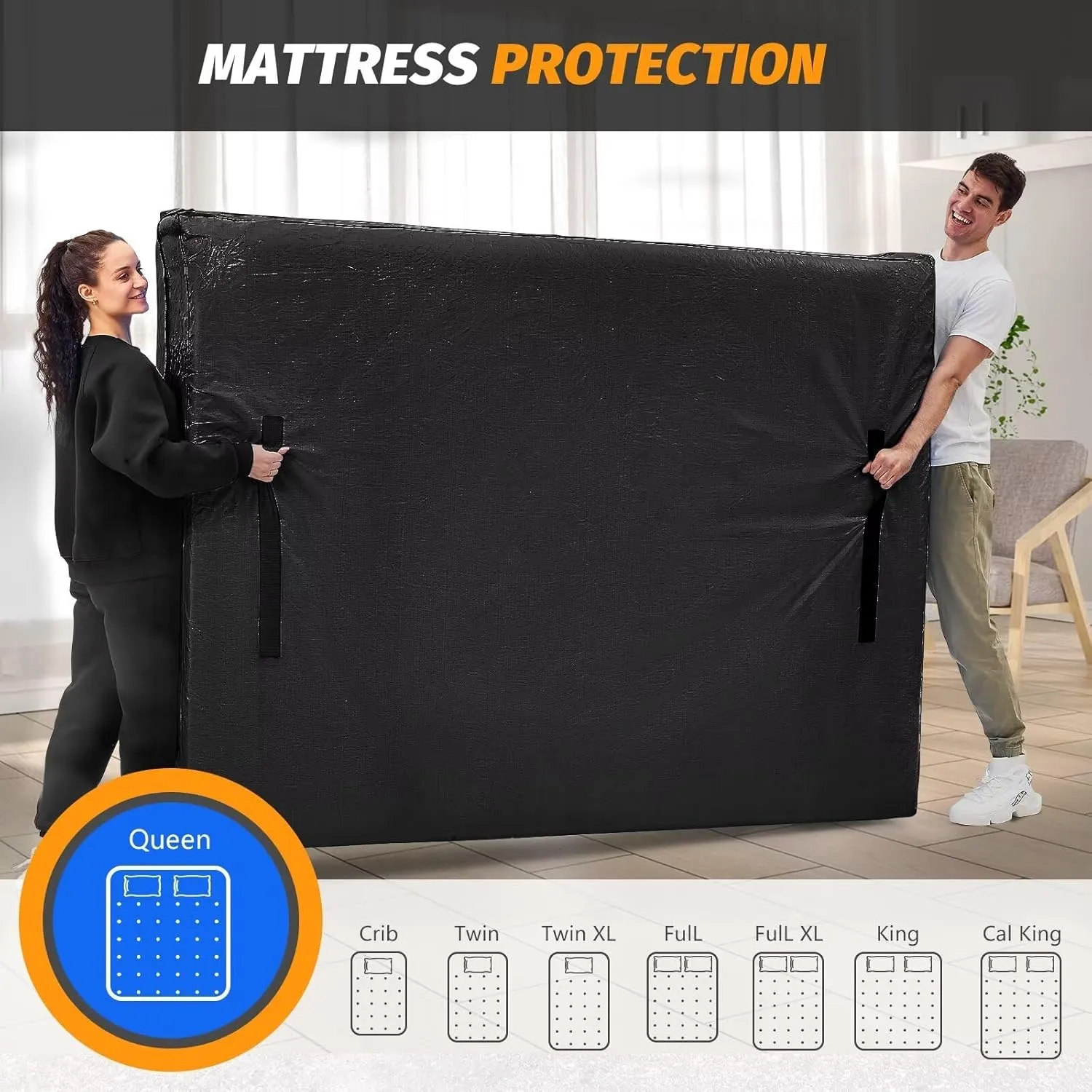 Mattress Bags for Moving, BETU Mattress Protector Waterproof Mattress Cover Queen Size Storage Bags with 8 Heavy-Duty Handles and Zipper for Bed Extra Thick Large Reusable (82"x62"x15" Black)