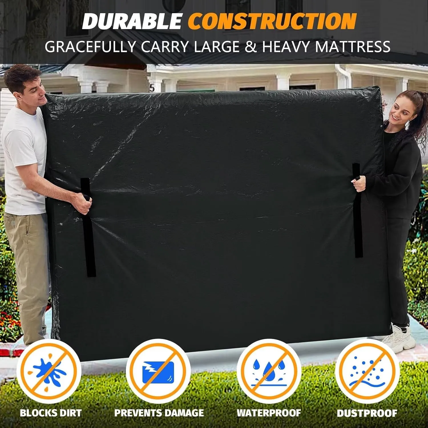 Mattress Bags for Moving, BETU Mattress Protector Waterproof Mattress Cover Queen Size Storage Bags with 8 Heavy-Duty Handles and Zipper for Bed Extra Thick Large Reusable (82"x62"x15" Black)