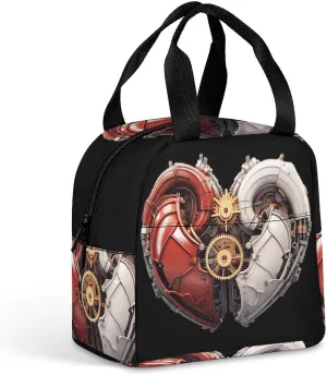 Mechanical Style Red & White Hearts Reusable Lunch Bag Insulated Tote Box Cooler Food Handbags Case For Women Men 22 * 20 * 13cm