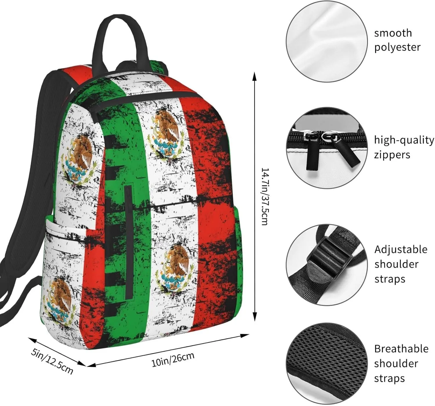 Mexico Mexican Eagle Flag Travel Backpacks Casual Laptop Backpack Sport Rucksack Large Capacity Daypack Multi-Pockets Adjustable Strap Bag for Working Hiking