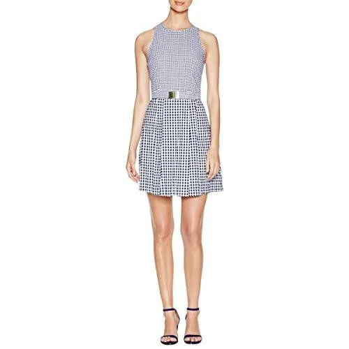 Michael Michael Kors Checkered Belted Wear To Work Dress Navy 6