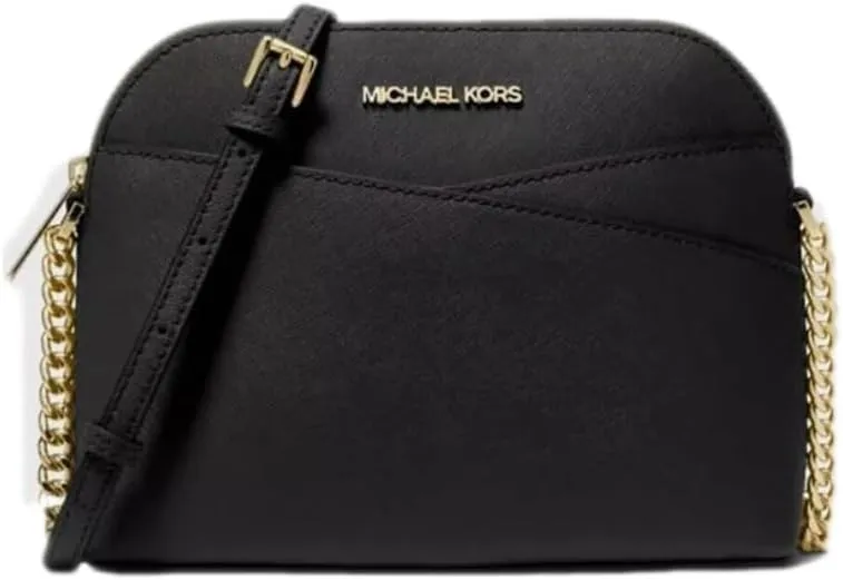 Michael Michael Kors Womens Jet Set Travel Medium Dome Crossbody Leather Handbag (Black Gold)