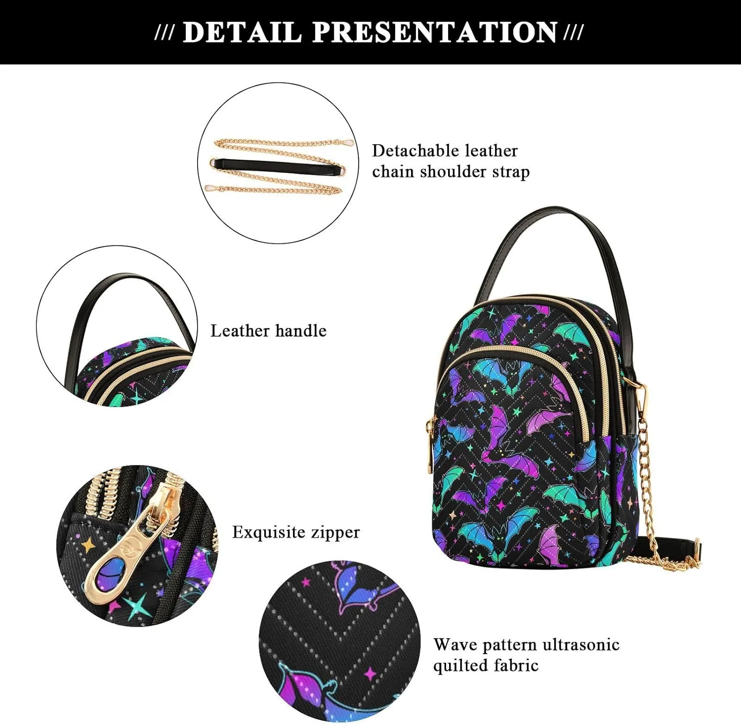 MNSRUU Quilted Crossbody Bags for Women Trendy, Women's Crossbody Handbags Gothic Bats Travel Cell Phone Purses Bags