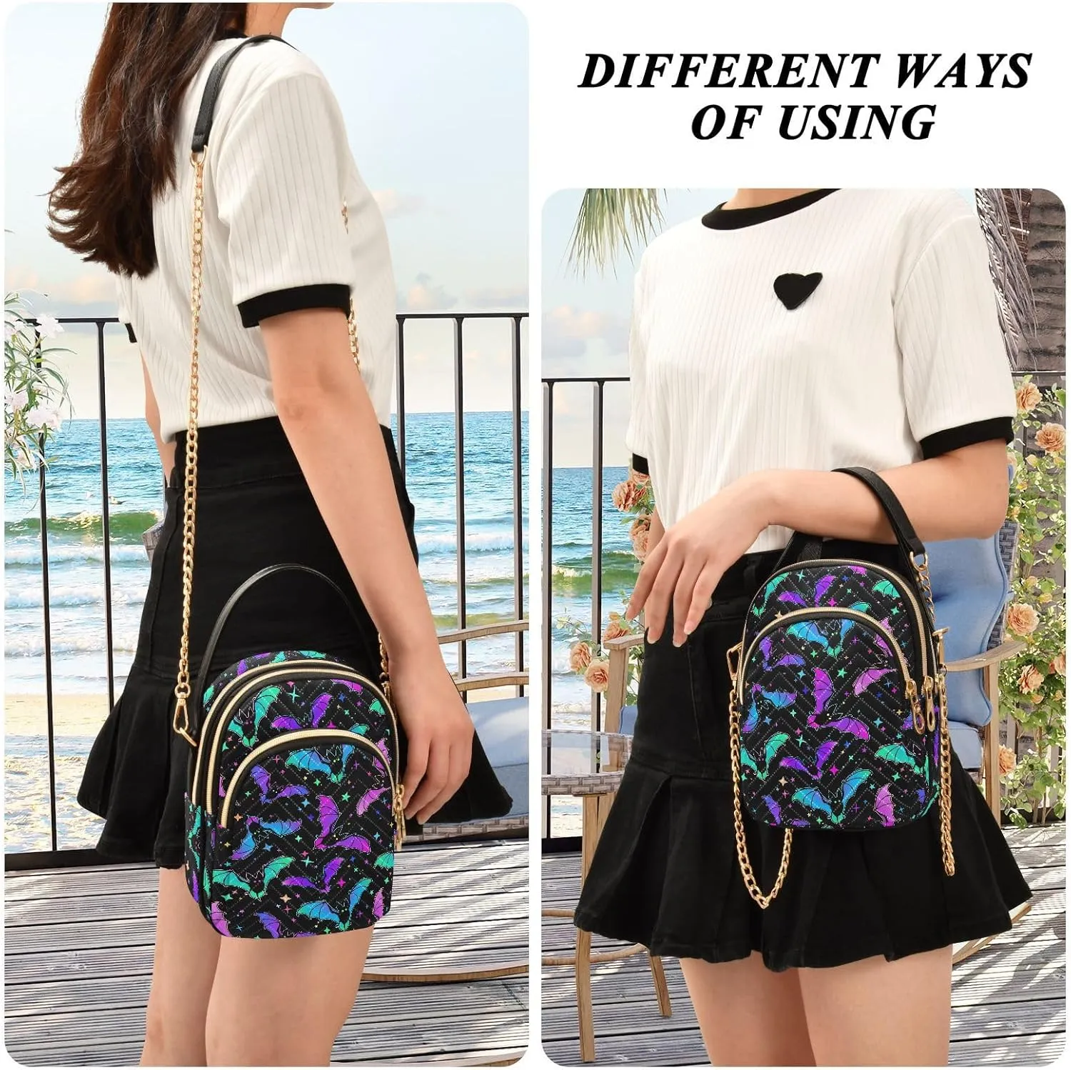 MNSRUU Quilted Crossbody Bags for Women Trendy, Women's Crossbody Handbags Gothic Bats Travel Cell Phone Purses Bags