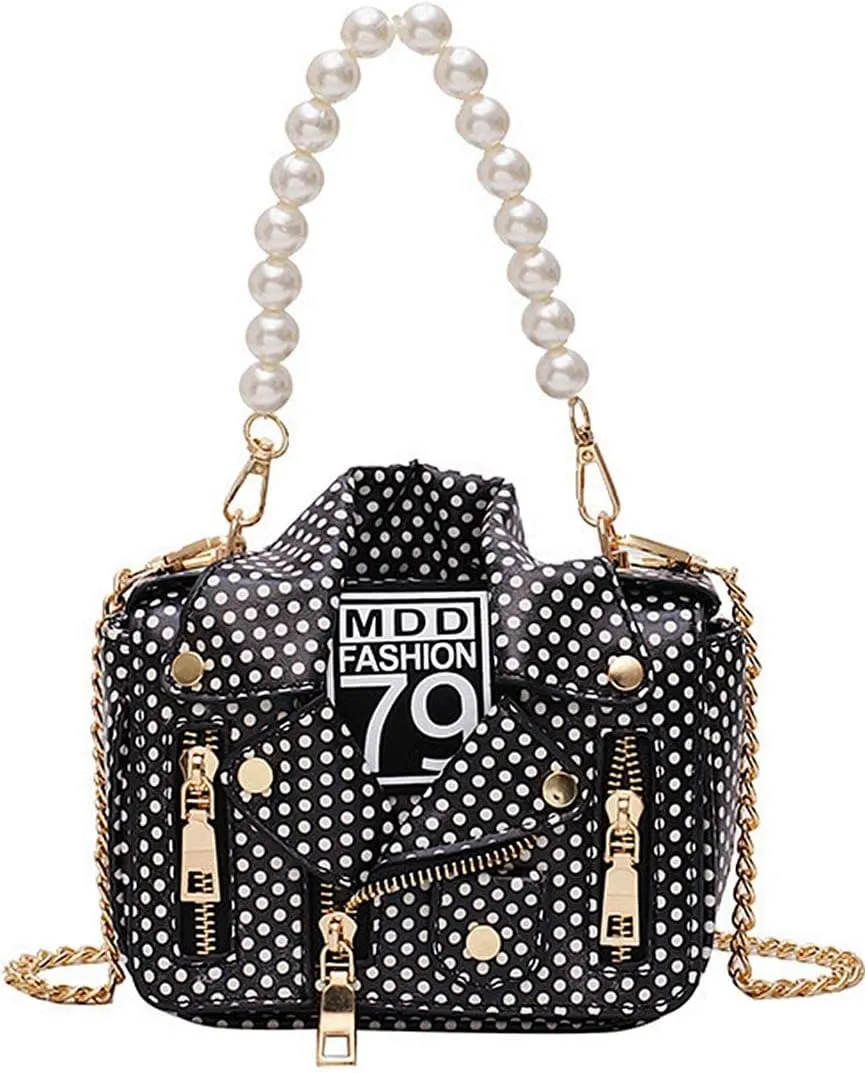 Motorcycle Jacket Shoulderbag PU Leather Handbag Punk Style Crossbody Bag Rivet Purse Lapel Collar Bag with Chain