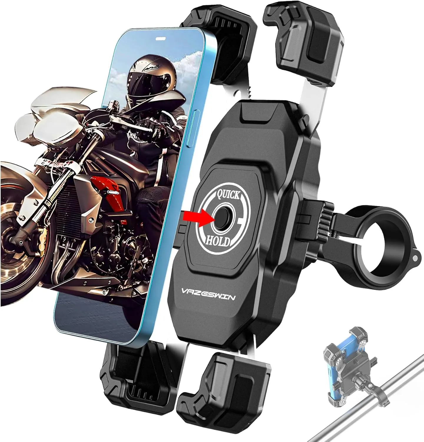 Motorcycle Phone Mount, 1s Lock Bike Phone Holder, One-Handed Operation Motorcycle Cellphone Mount with Aluminum Alloy Handlebar Mounting Base for Bicycle Scooter, Fit 5.5"-7.2" Smartphone