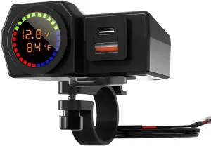 Motorcycle USB Charger, Waterproof Handlebar Clamp Power Adapter Charger, Quick Charge 3.0 USB   Type C Dual Port, with Voltmeter & Temperature & ON/Off Switch for Motorbike/Motorcycle/ATV