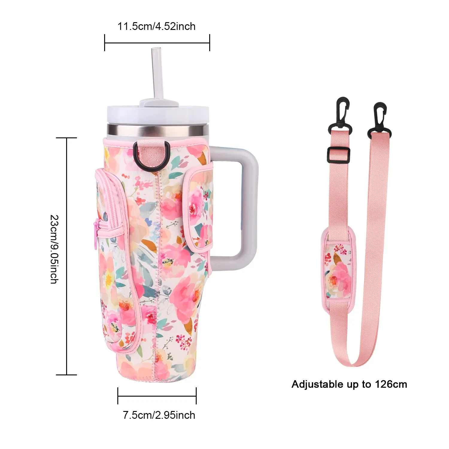 Multi Design Cloth Water Cup Holder with Adjustable Strap Compatible with 40oz Tumbler