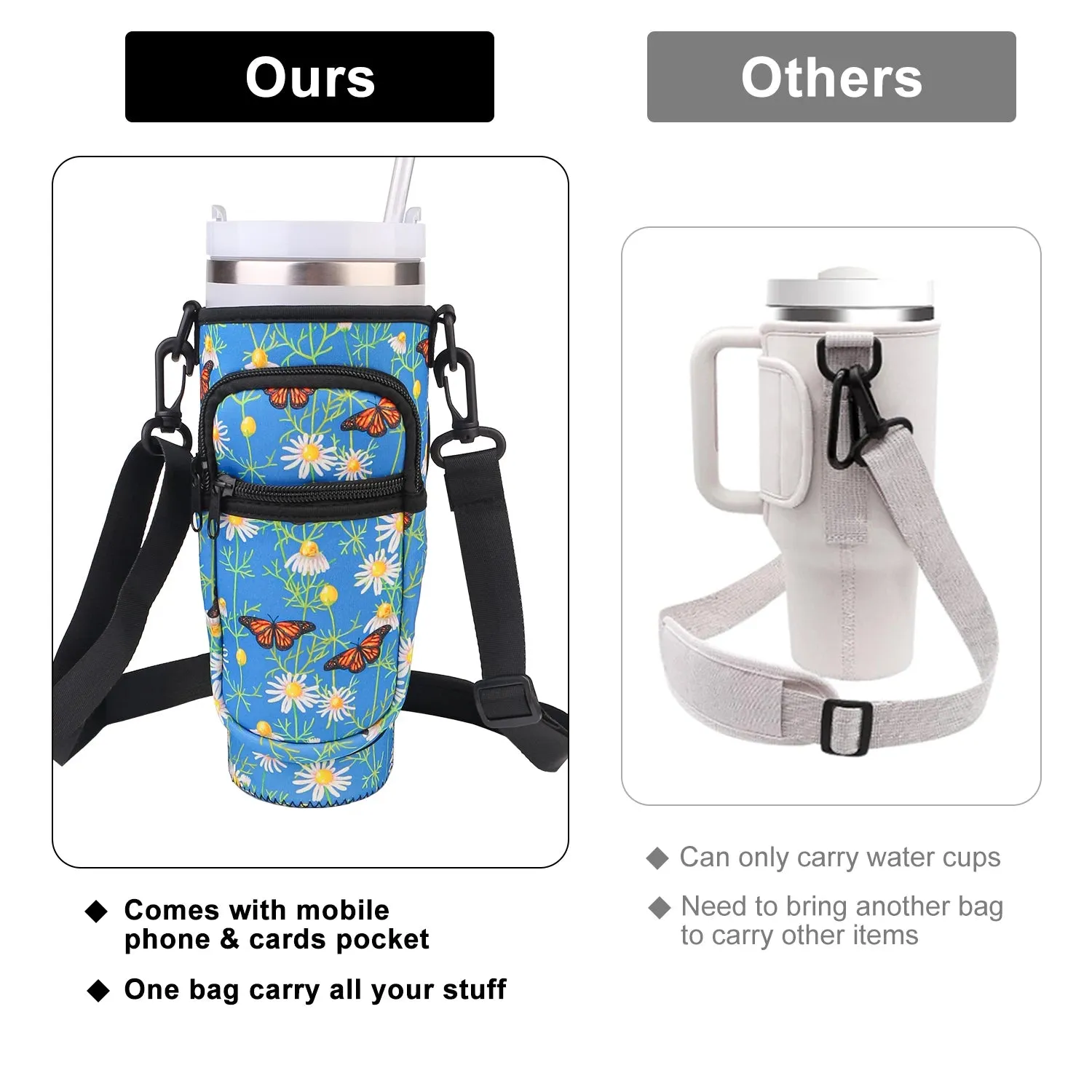 Multi Design Cloth Water Cup Holder with Adjustable Strap Compatible with 40oz Tumbler
