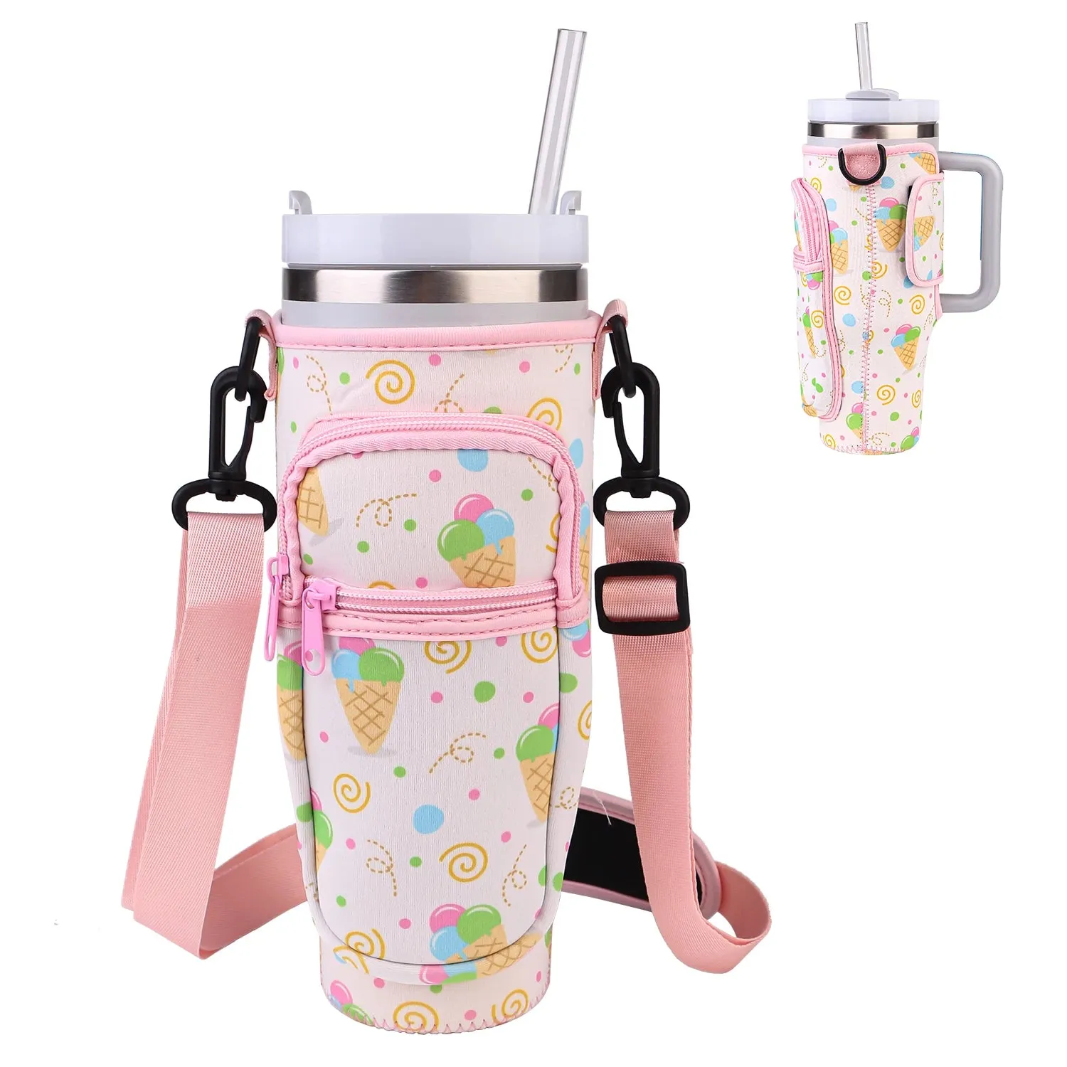 Multi Design Cloth Water Cup Holder with Adjustable Strap Compatible with 40oz Tumbler