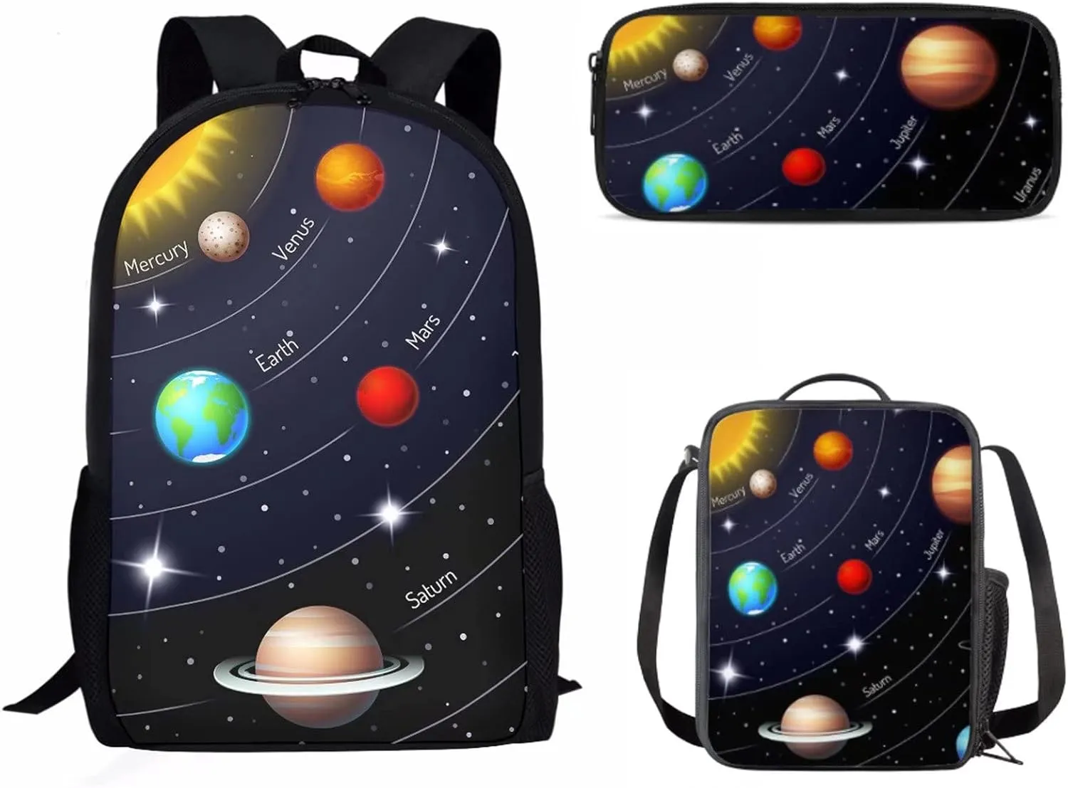 Mumeson Space Planet Backpack Daily Casual Backpacks Satchel for Travel School Large 17 Inches Rucksack Daypack for Girls Boys Backpack with Lunch Bag Messenger Tote Bag Pencil Bag 3 Pack