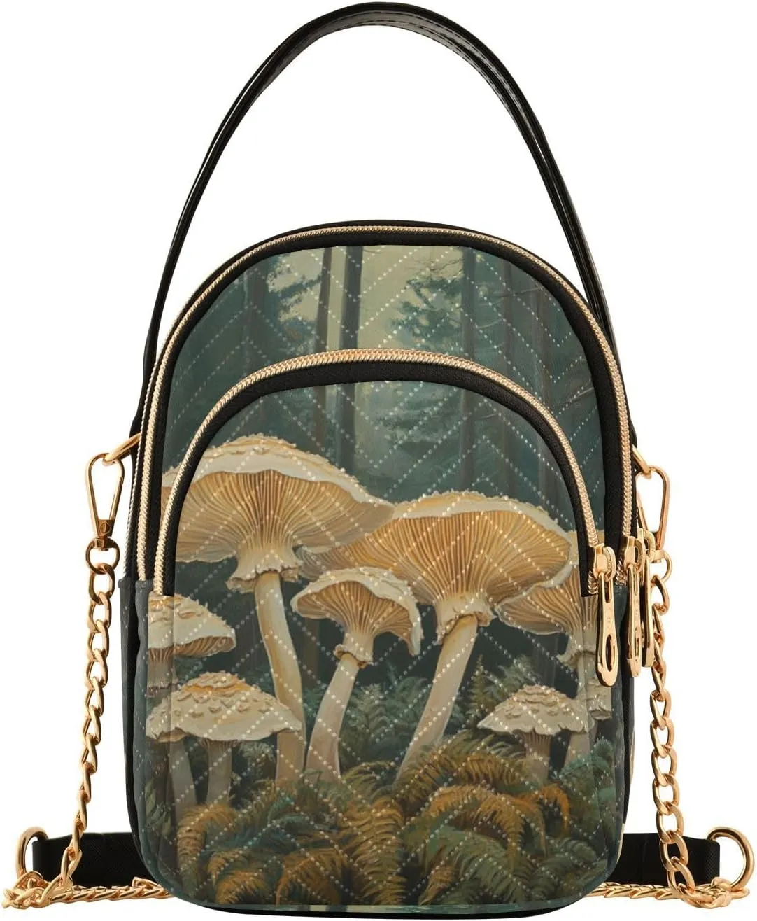 Mushroom Ferns Beige Multi Pockets Crossbody Bags for Women Zip Cell Phone Purse Wallet Bag with Detachable Shoulder Strap Handbag Purse for Women Girls Trendy Gift Traveling Working Shopping