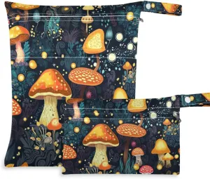 Mushrooms Forest Wet Dry Bag for Baby Cloth Diaper Waterproof Reusable Travel Wet Bag with Two Zippered Pockets for Swimsuits, 2 Pcs