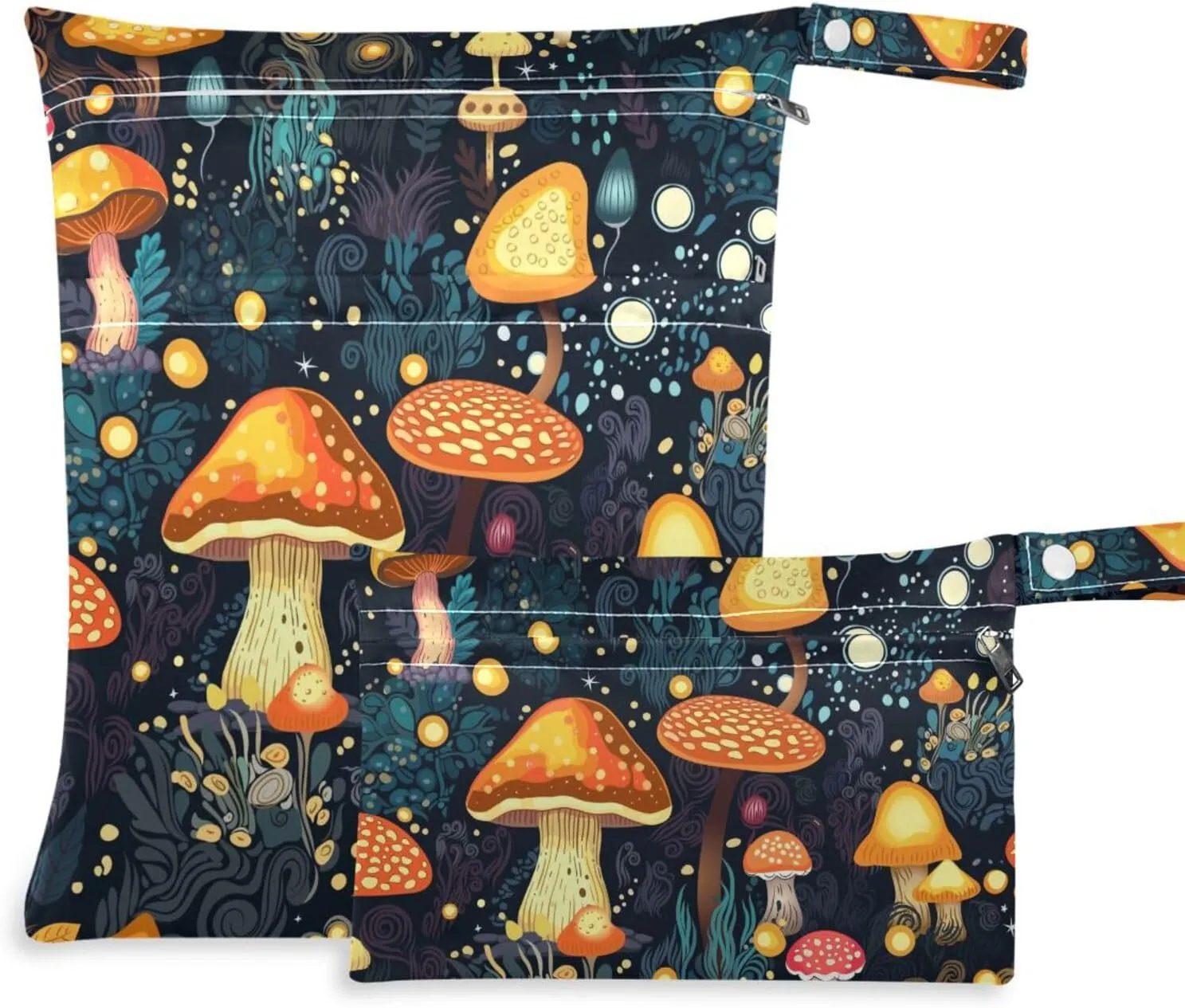 Mushrooms Forest Wet Dry Bag for Baby Cloth Diaper Waterproof Reusable Travel Wet Bag with Two Zippered Pockets for Swimsuits, 2 Pcs