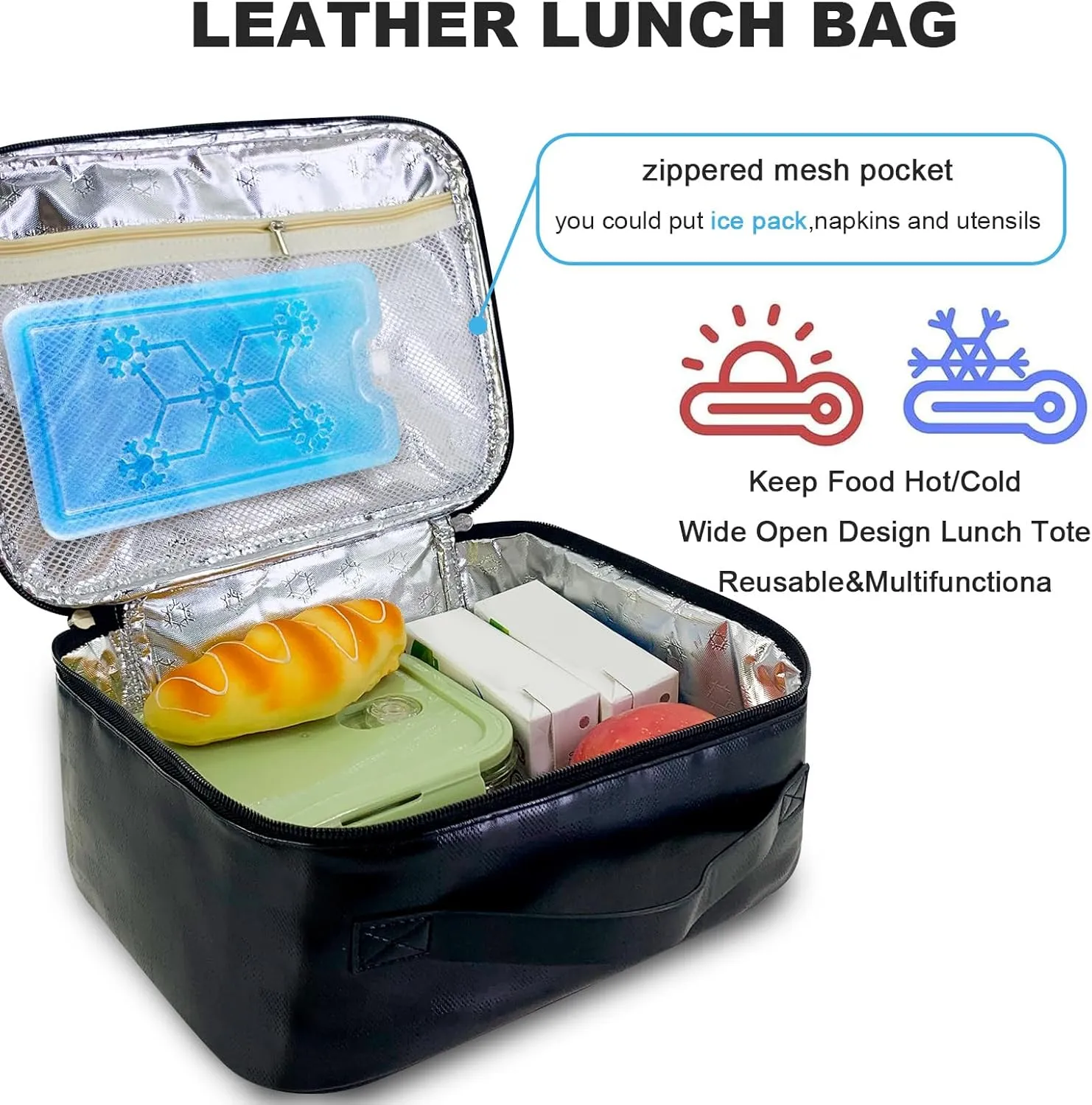 Mziart PU Leather Lunch Bag Lunch Box for Women Men, Reusable Lunch Tote Bags Meal Prep Containers Portable Leakproof Insulated Cooler Bag Food Handbags for Work Office Picnic Beach Travel (Black)