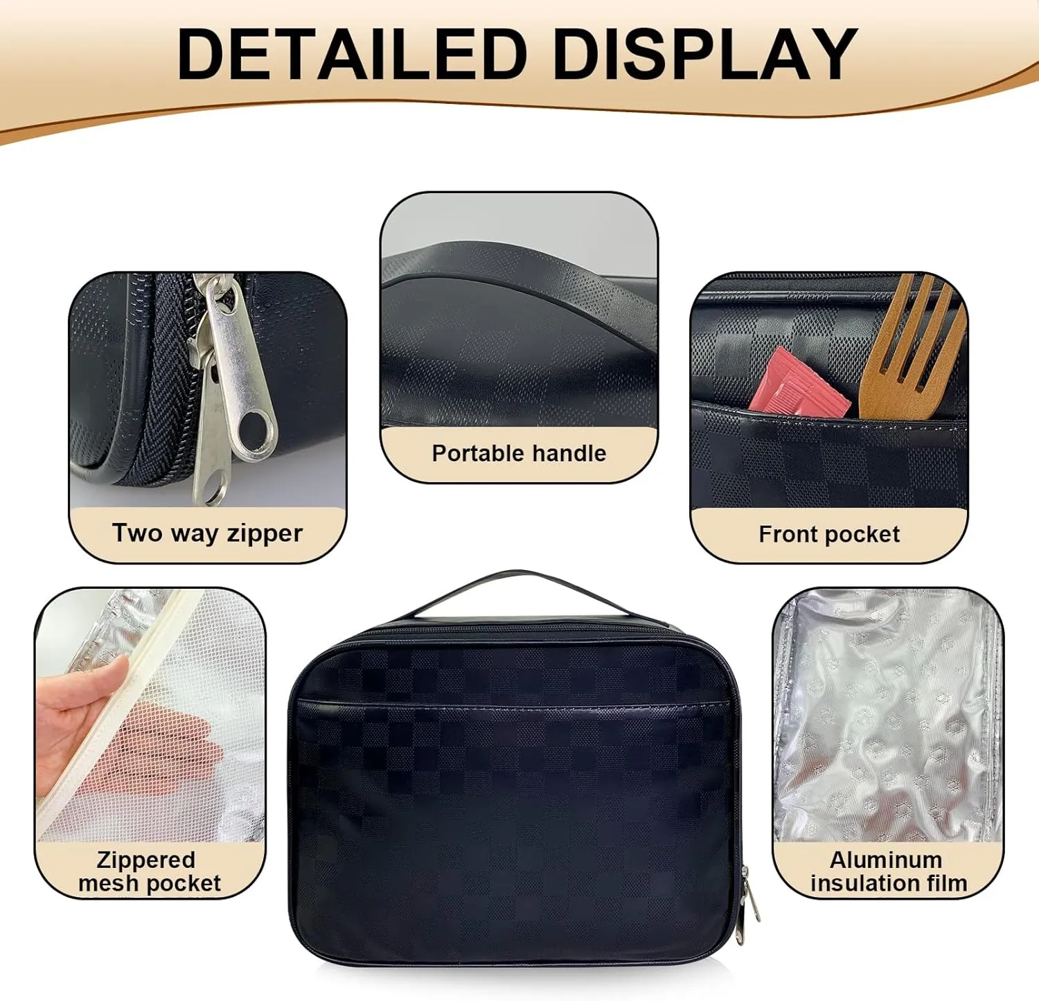 Mziart PU Leather Lunch Bag Lunch Box for Women Men, Reusable Lunch Tote Bags Meal Prep Containers Portable Leakproof Insulated Cooler Bag Food Handbags for Work Office Picnic Beach Travel (Black)
