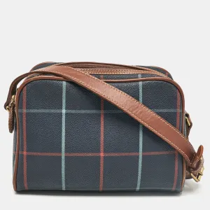 Navy Blue/Multicolor Checkered Coated Canvas Double Zip Shoulder Bag