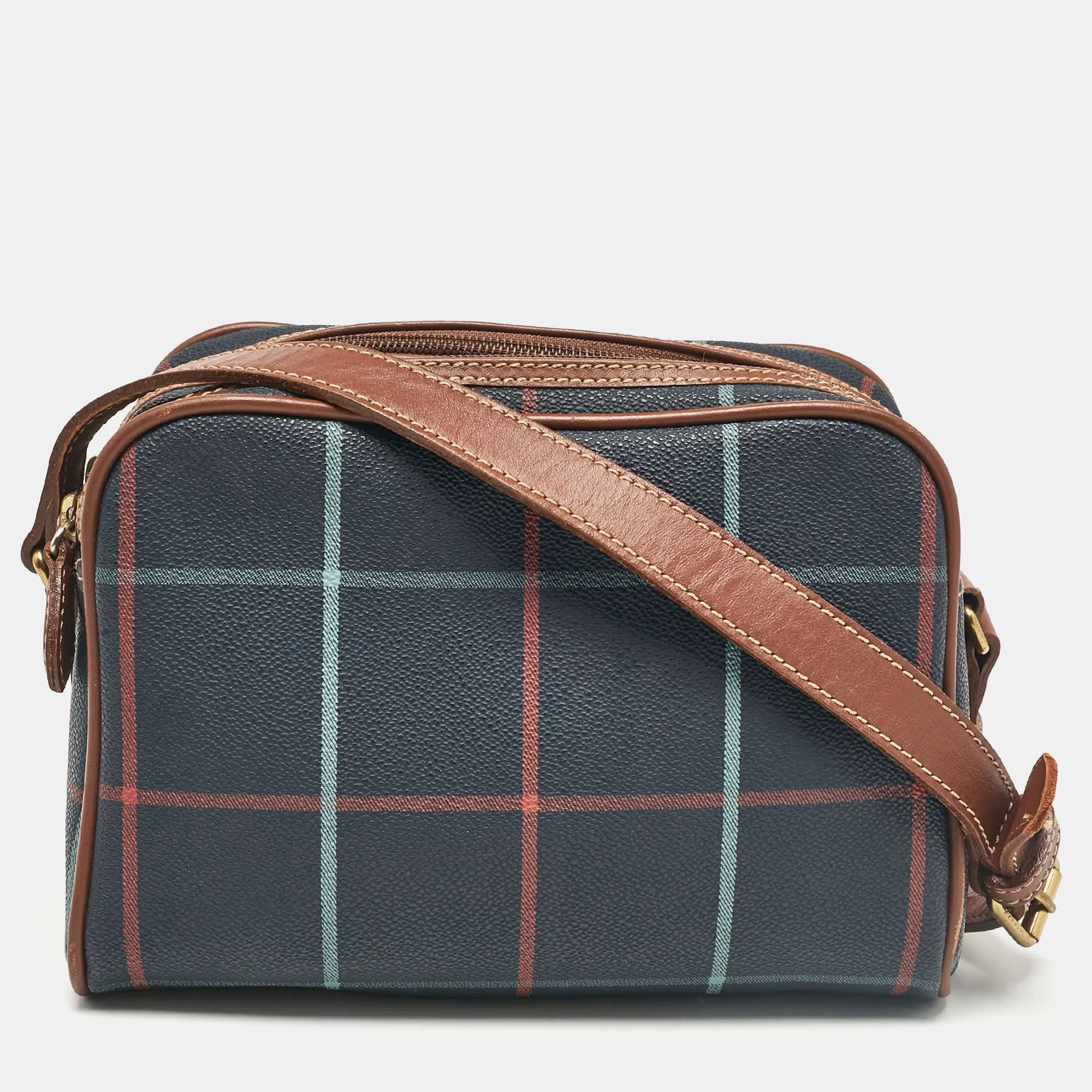 Navy Blue/Multicolor Checkered Coated Canvas Double Zip Shoulder Bag