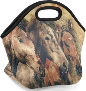 Neoprene Lunch Bags Horses Pattern Insulated Lunch Box Women Lunch Tote Bag Reusable Lunch Container Box Meal Prep Bags Washable Food Handbags for Work Picnic Travel