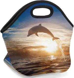 Neoprene Lunch Bags Sunrise Dolphin Sea Insulated Lunch Box Women Lunch Tote Bag Reusable Lunch Container Box Meal Prep Bags Washable Food Handbags for Work Picnic Travel