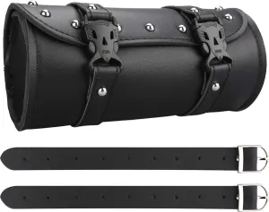 Neween Motorcycle Tool Bag, Motorcycle Fork Bag PU Leather Universal Saddlebag Front Fork Handlebar Sissybar Storage Roll Pouch for Sportster, Scooter (Medium, Black)
