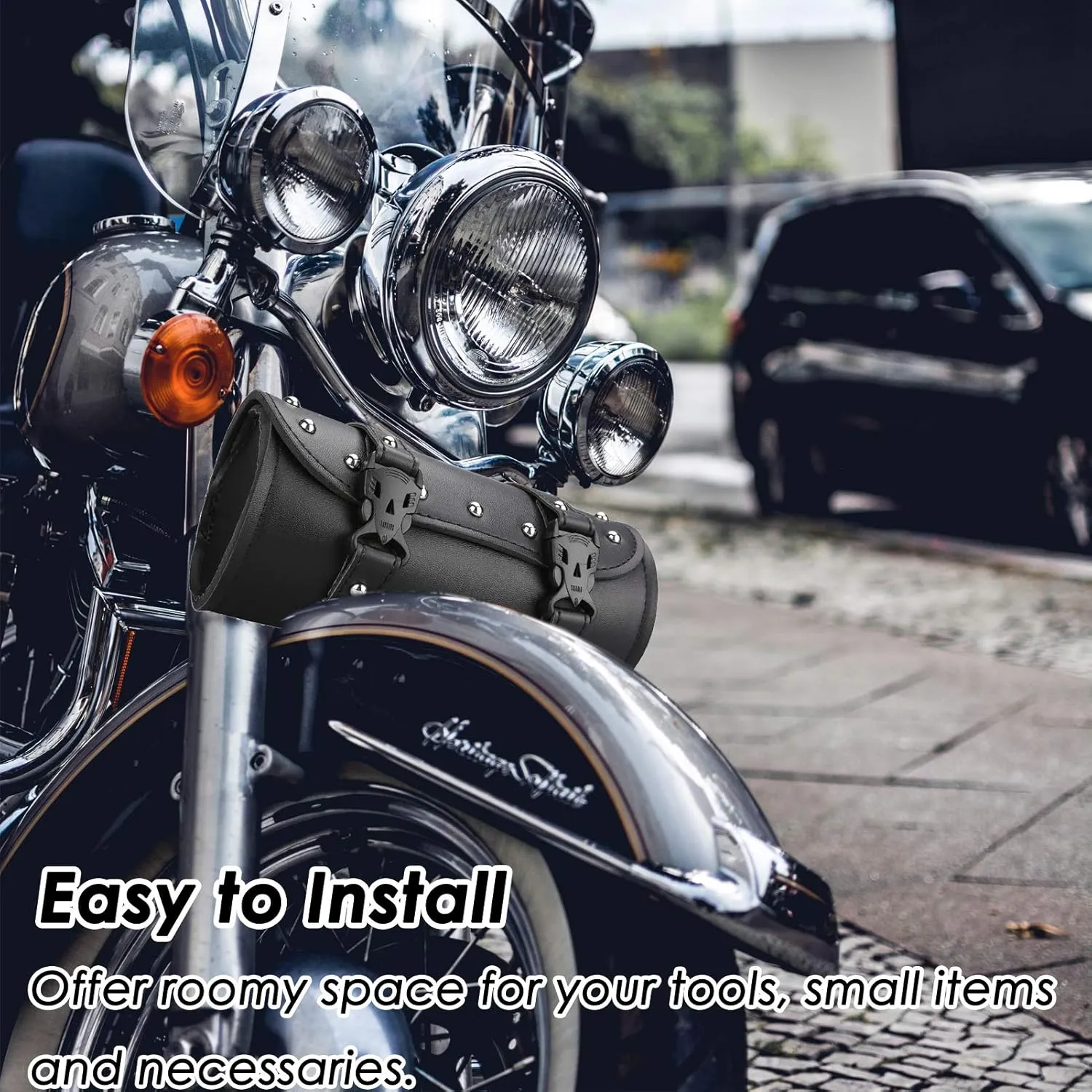 Neween Motorcycle Tool Bag, Motorcycle Fork Bag PU Leather Universal Saddlebag Front Fork Handlebar Sissybar Storage Roll Pouch for Sportster, Scooter (Medium, Black)