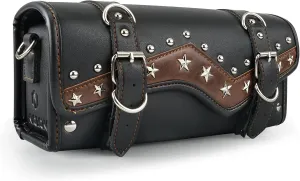 NICECNC Motorcycle Fork Bag Handlebar Bag, Star Rivet Style Vintage PU Leather Classic Cowhide Lines, Waterproof Universal Motorcycle Tool Storage Bag Sissy Bar Side Tail Frame Bag, Brown