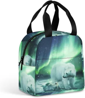 Northern Lights Polar Bear Insulated Meal Tote Bag Portable Lunch Box Container Food Handbags for Men Women
