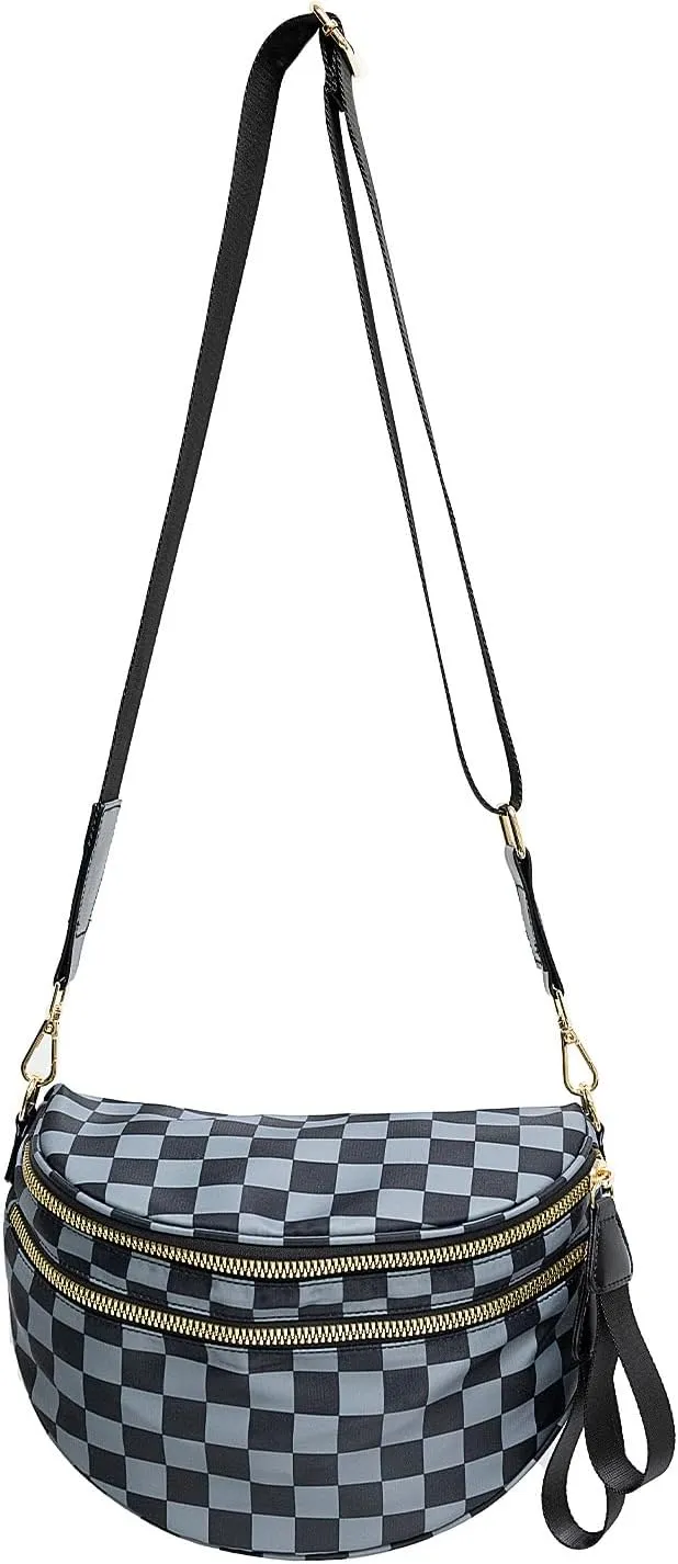 Nylon Crossbody Bag for Women, Large Checkered Purse, Black Handbag for Shopping Travel