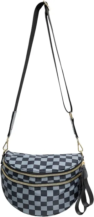 Nylon Crossbody Bag for Women, Large Checkered Purse, Black Handbag for Shopping Travel