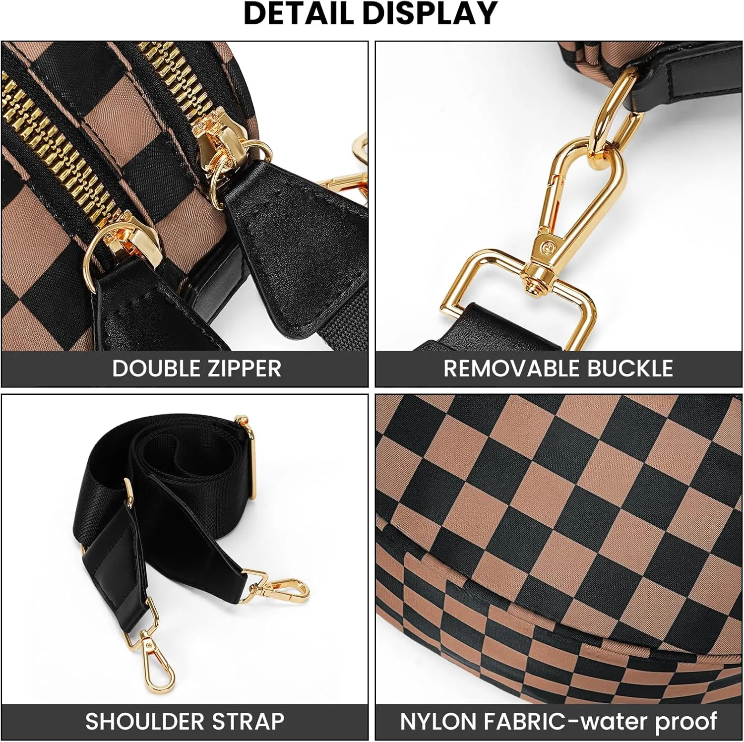 Nylon Crossbody Bag for Women,Checkered Bum Bag Checkered Black and White Handbags Wallets Oversized Slouchy Belt Bag