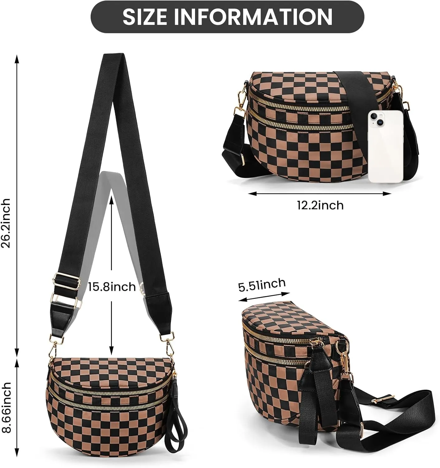 Nylon Crossbody Bag for Women,Checkered Bum Bag Checkered Black and White Handbags Wallets Oversized Slouchy Belt Bag