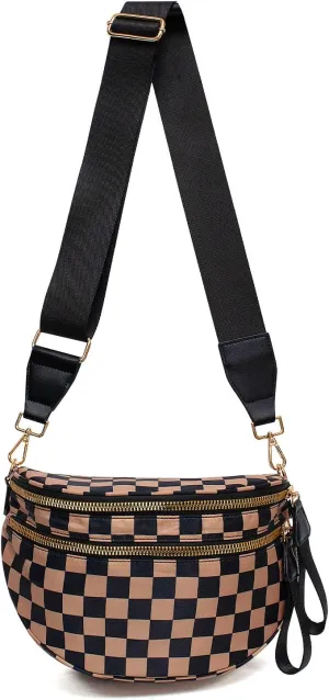 Nylon Crossbody Bag for Women,Checkered Bum Bag Checkered Black and White Handbags Wallets Oversized Slouchy Belt Bag