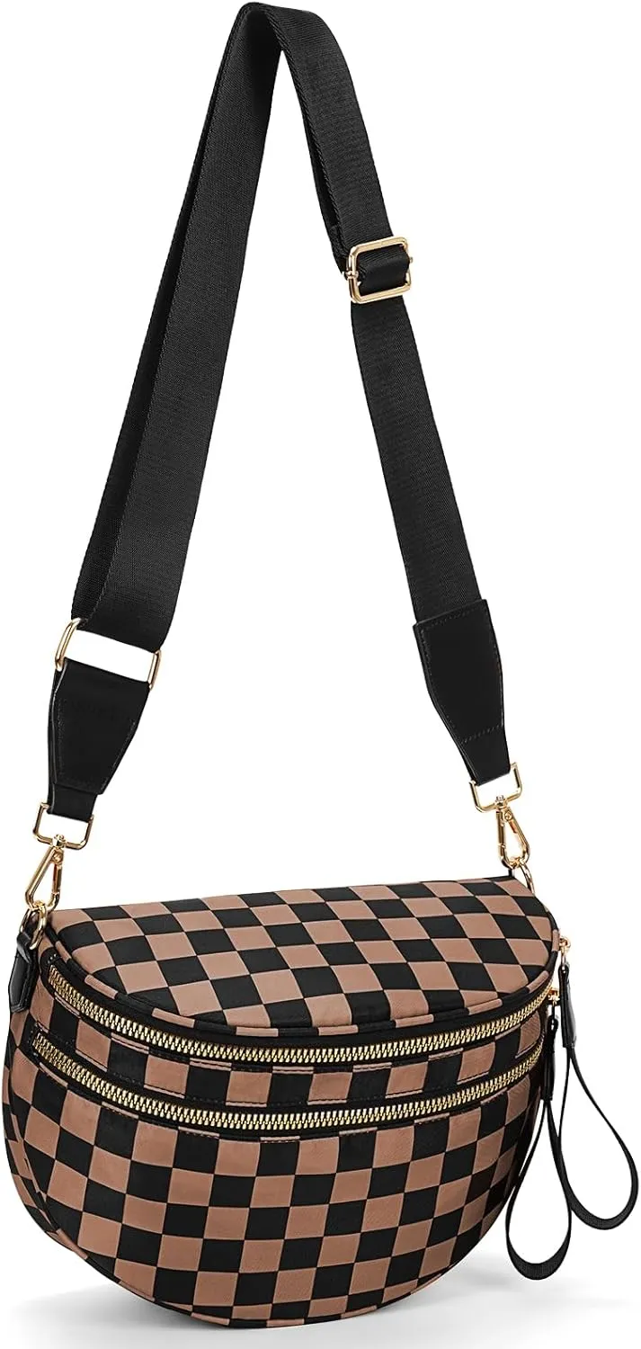 Nylon Crossbody Bag for Women,Checkered Bum Bag Checkered Black and White Handbags Wallets Oversized Slouchy Belt Bag