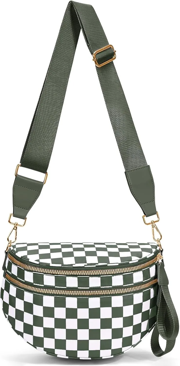 Nylon Crossbody Bag for Women,Checkered Bum Bag Checkered Black and White Handbags Wallets Oversized Slouchy Belt Bag